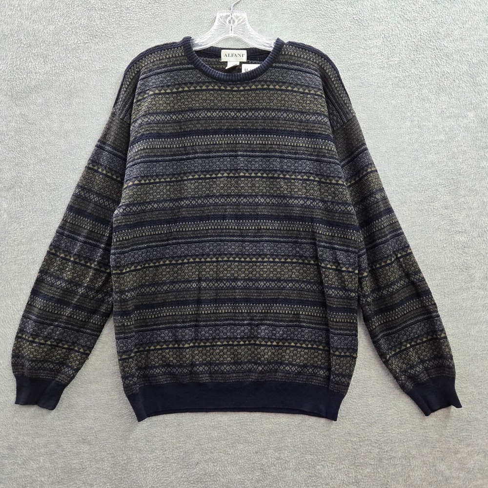 VINTAGE Alfani Men Sweater Large Blue Striped‎ Wool Blend Long Sleeve Crew Neck